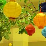 (Hanging Branches and Lantern Decorations)
This was a large area to transform! Above each table grouping (16 total), I hung large branches cut from my tree (it needed trimmed anyway!). Then, I hung and staggered 7 paper lanterns within each branch. The end result created a vision texture, nature, color and uniqueness. (Lanterns available as a rental for your function) ~