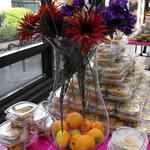 (Snack Table Design and Decor)
This is another snack table - with tiered containers, large faux flower arrangement and embossed metallic foil table covering. It was a simple design, with a lot of visual impact. ~